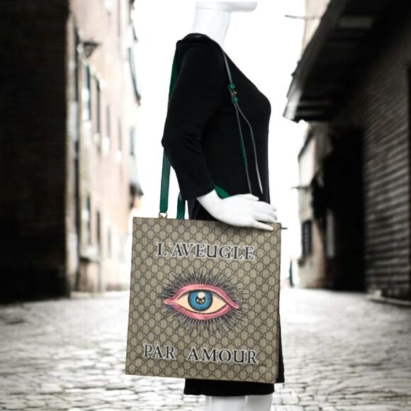 Gucci GG Supreme Monogram L'Aveugle Par Amour Print Vertical Tote Emerald Green - Picture 2 of 13